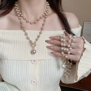 Collana a Doppio Strato di Perle Artificiali Vintage Francese per Donna Elegante Chiusura a T in Lega con Ciondolo a Perla Grande