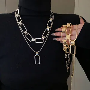 Collana a Catena in Metallo Geometrica Minimalista Oversize Stile Freddo Maglia Rettangolare Catena Maglione a Doppio Strato Gioielli Donna
