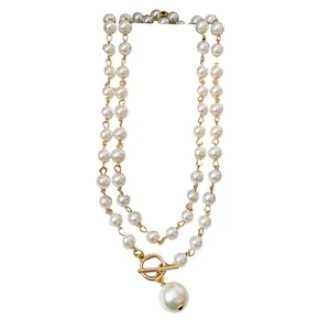 Elegante collana di perle a doppio filo retrò francese con chiusura a T dorata e pendente
