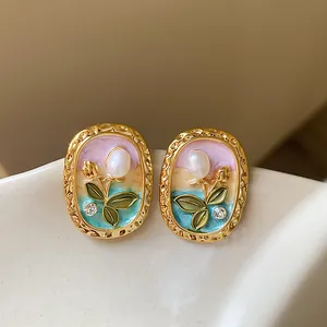 Vintage Enamel Flower Stud Earrings With Silver Earring Post Alloy Artificial Pearl Rhinestone Inlaid Elegant Jewelry For Women