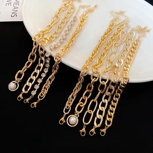Copper Layered Bracelet Gold Plated Geometric Chain With Artificial Pearl Rhinestone For Women Hip Hop Fashion Jewelry
