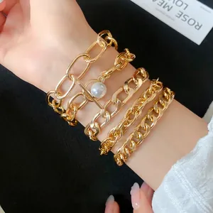 Multi-layer gold chain bracelet set with elegant pearl charm for women hip hop jewelry
