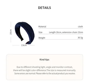 Detailed product view of a blue braided cloth headband featuring size and material specs