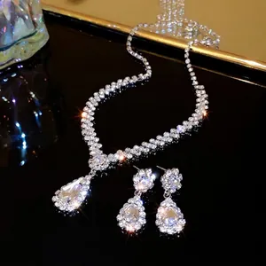 Elegant silver rhinestone water drop V-shaped necklace and earrings jewelry set for women