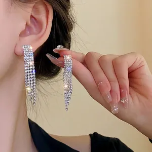 Sparkling silver rhinestone long tassel drop earrings for women elegant party jewelry