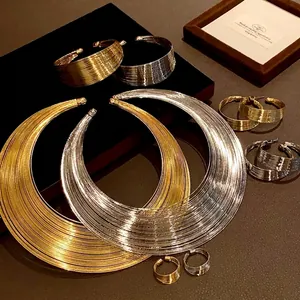 European American Alloy Jewelry Set Multi-Layer Metal Ring Necklace Bracelet Earrings Ring For Women Banquet Fashion Jewelry