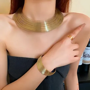 Stylish gold-tone multilayer metallic wire choker necklace and jewelry set for women