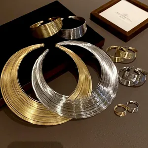 Detailed view of multi-layer metallic wire necklace and jewelry set in gold and silver