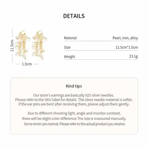 Detailed view of long floral pearl tassel earrings with size and material specifications