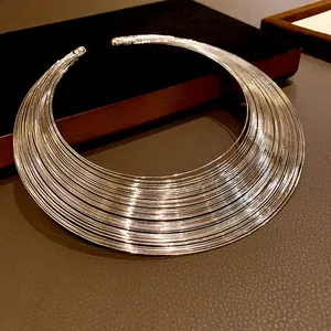 Detailed view of the silver-toned multi-layer metallic choker with a minimalist design.
