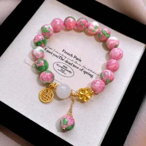 Bracciale di perle di vetro stile cinese con perle marmorizzate rosa e verdi e oro