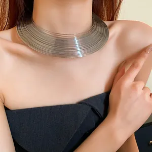 Close-up detail of an elegant multi-layered metallic choker necklace worn by a model