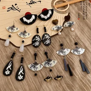 Chinese style fan earrings with tassels and floral patterns for horse face skirt