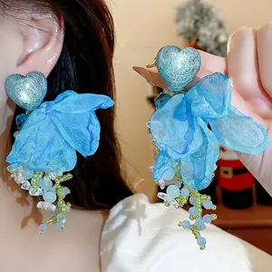 Heart Chiffon Flower Tassel Earrings For Women Drop Earrings With 925 Sterling Silver Post Blue Green Sweet Jewelry Gift
