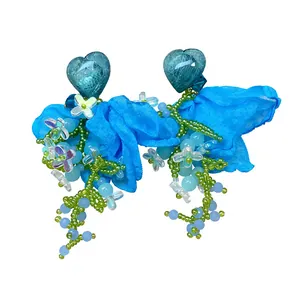 Handmade blue chiffon flower drop earrings with heart studs and colorful beaded tassels
