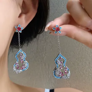 Antique Chinese Style Gourd Tassel Earrings Inlaid Zirconia Floral Hollow Out Drop Earrings With Silver Earring Post For Women