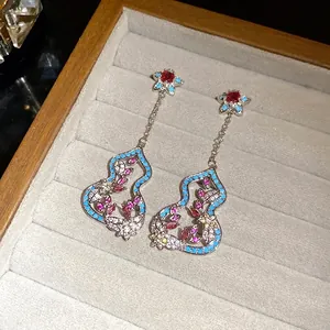 New Chinese style gourd flower tassel earrings with zircons and silver needles