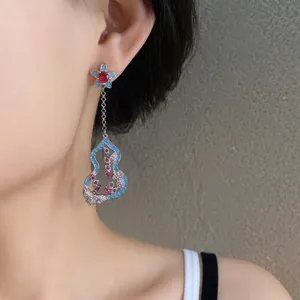Elegant New Chinese style zircon flower and gourd tassel earrings with silver needle