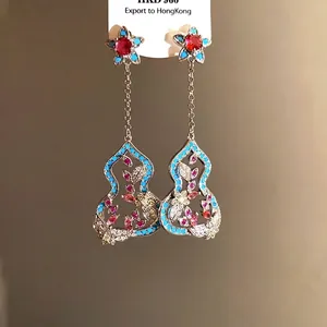 Vintage gourd-shaped earrings with colorful zircons and floral motifs on silver needles