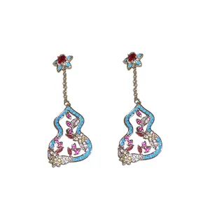 New Chinese style gourd earrings with colorful zircon floral design and silver needles