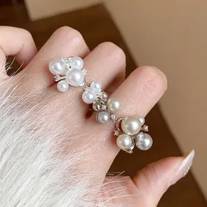 French Vintage Floral Pearl Rhinestone Inlaid Copper Adjustable Open Ring Elegant High End Fashion Jewelry For Women