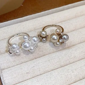 French style zircon flower pearl open rings in silver and gold tones