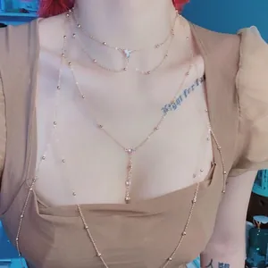 Layered gold body chain necklace with rhinestones for bikini beach fashion accessory