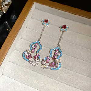 Detailed view of New Chinese style gourd earrings with colorful zircon flower patterns