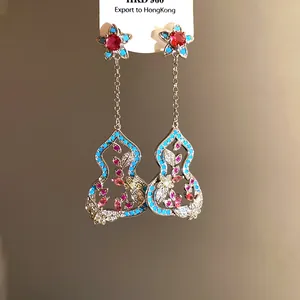 Detail of New Chinese style hulu tassel earrings decorated with colorful zircon stones