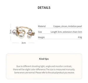 Detail of gold pearl zircon flower ring showing material, size, and 4.6g weight info