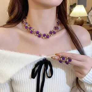 Luxury vintage palace style purple stone jewelry set with floral necklace and earrings for women