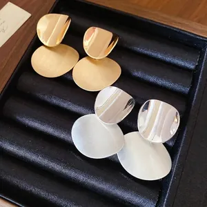 Retro minimalist brushed metal round drop earrings with silver needles for women stylish