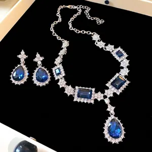 Luxe Alliage Strass Carré Goutte D'Eau Pendentif Collier Boucles D'Oreilles Ensemble Bleu Argent Plaqué Choker Pour Femmes Bijoux Fête