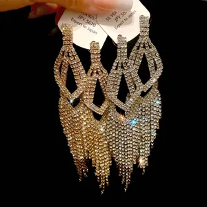 Luxe Geometrische Uitgeholde Lange Kwastje Oorbellen Met 925 Sterling Zilver Stift Strass Sieraden Voor Dames
