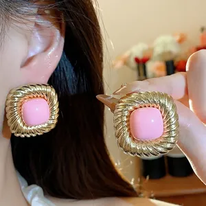Vintage Distorted Square Pleated Stud Earrings With 925 Sterling Silver Post Gold Geometric Statement Earrings For Women