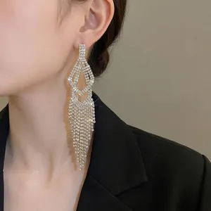 Elegante zilveren naald lange kwastoorbellen met fonkelende strass-steentjes dames