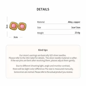 Detailed specs for pink square earrings with gold twisted borders and 925 silver needles