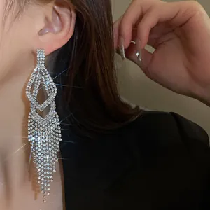 Gedetailleerde close-up van elegante zilveren kwastjesoorbellen met schitterende strass