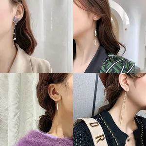 Elegant pearl tassel long earrings with various designs shown on Asian model in 4-panel view