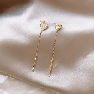 Elegant French style long tassel earrings with small pearls and gold chain
