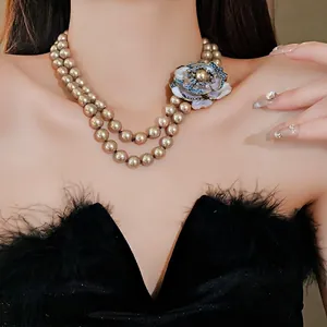 French Vintage Palace Style Artificial Pearl Flower Pendant Necklace Elegant Champagne Double Layer Rhinestone Clavicle Chain Jewelry For Women