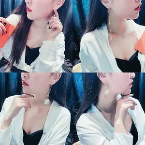 Collage of elegant pearl tassel earrings with white floral designs for women.