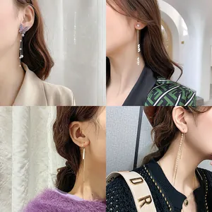 Collage of elegant pearl tassel drop earrings in various French designs on models.