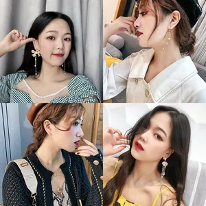 Collage of elegant long tassel earrings with pearls and silver needles on Asian models