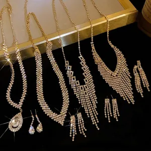 Alloy Rhinestone Water Drop Necklace And Earrings With 925 Silver Post Tassel Chain Women Party Wedding Fashion Jewelry