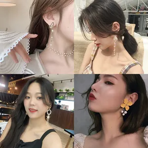 Four-panel collage showing different styles of elegant pearl tassel earrings on models
