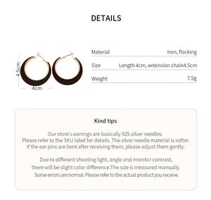 Detailed specifications for flocked round hoop earrings with silver needles and dimensions