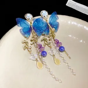 Elegant blue mesh butterfly tassel earrings with pearls and rhinestones for women