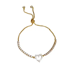 Elegant gold adjustable zircon bracelet with a sparkling heart pendant for women