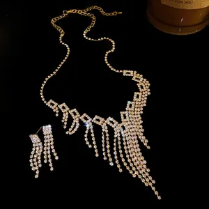 Detailed macro view of a luxury rhinestone fringe necklace and matching earrings set